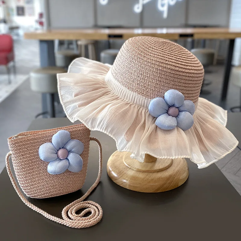 Summer Mother Children Panama Hat Bag Straw Princess Kids Sun Hats for Girls Accessories Big Flower Holiday Beach Mom Baby Cap