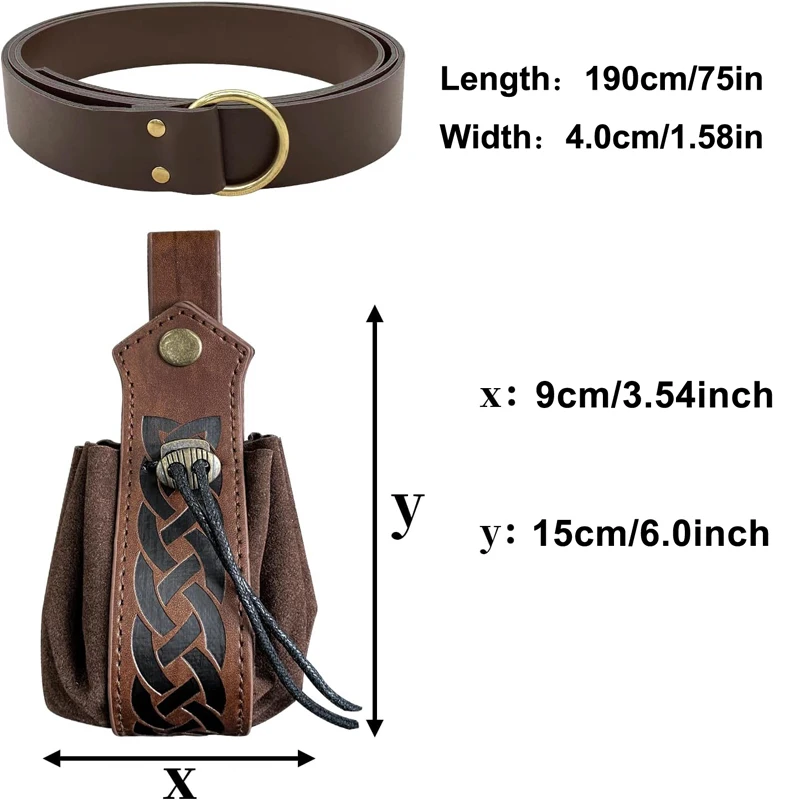 1Pc/2 Stuks Halloween Middeleeuwse Retro Ridder Riem Renaissance Lederen Riem En Portemonnee Set Viking Krijger Rolspel Unisex Larp