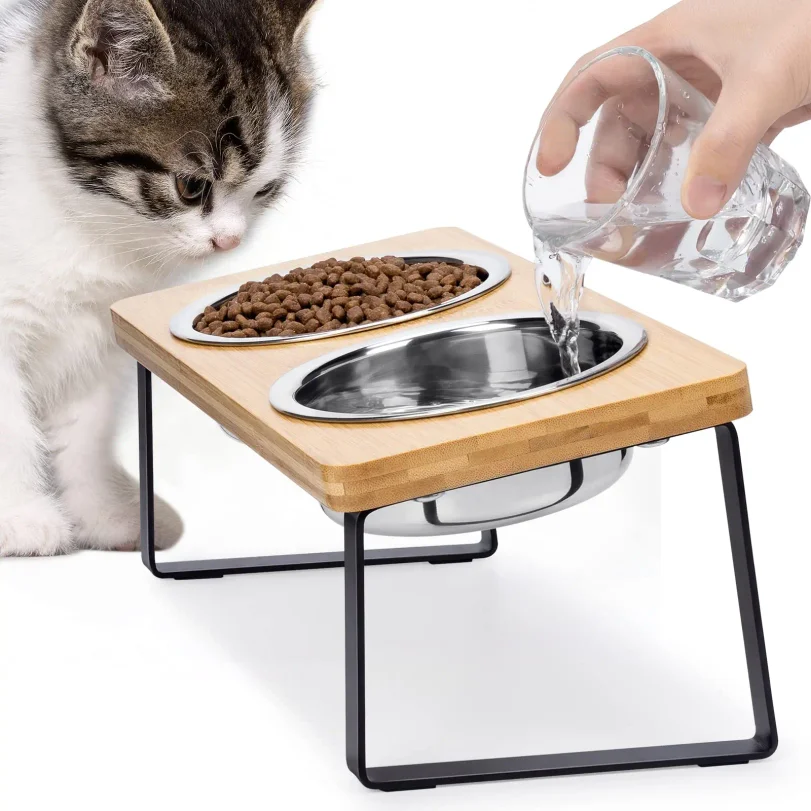 

Elevated Cat Bowls Pet Feeder 15° Tilted Raised Cat Food Bowls with Wooden Stand 2 Stainless Steel Bowls for Cats and Puppy