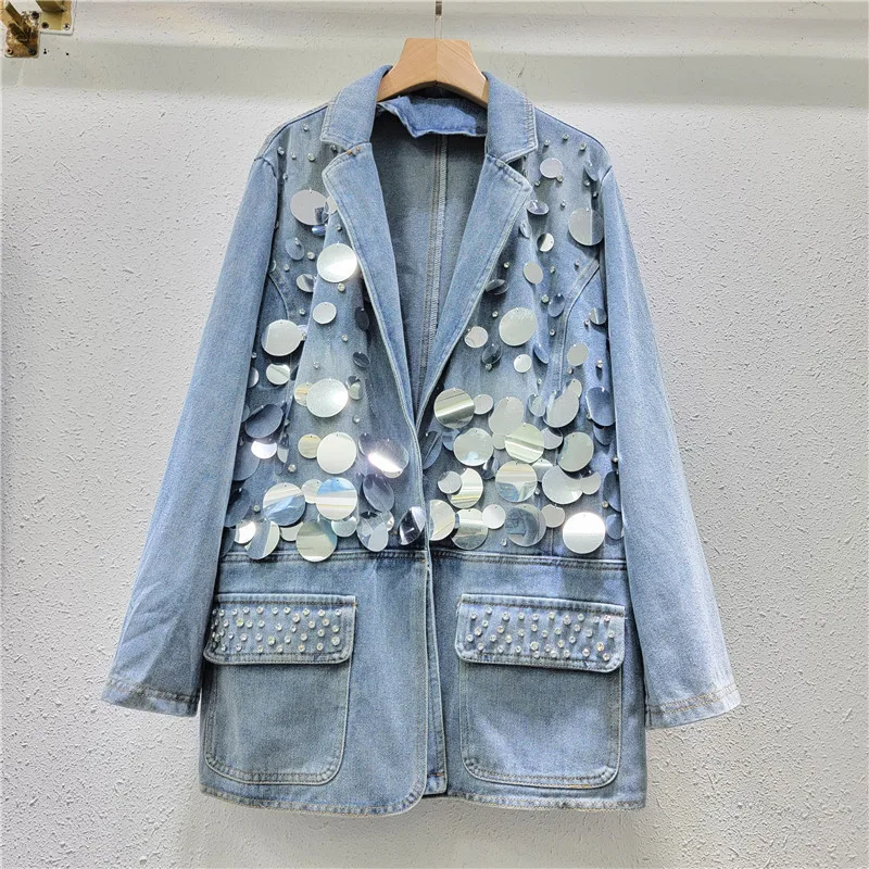 

Korean Beaded Diamond Sequins Cowboy Coat Women Blue Casual Loose Big Pocket Suit Collar Long Sleeve Spring Autumn Denim Jacket