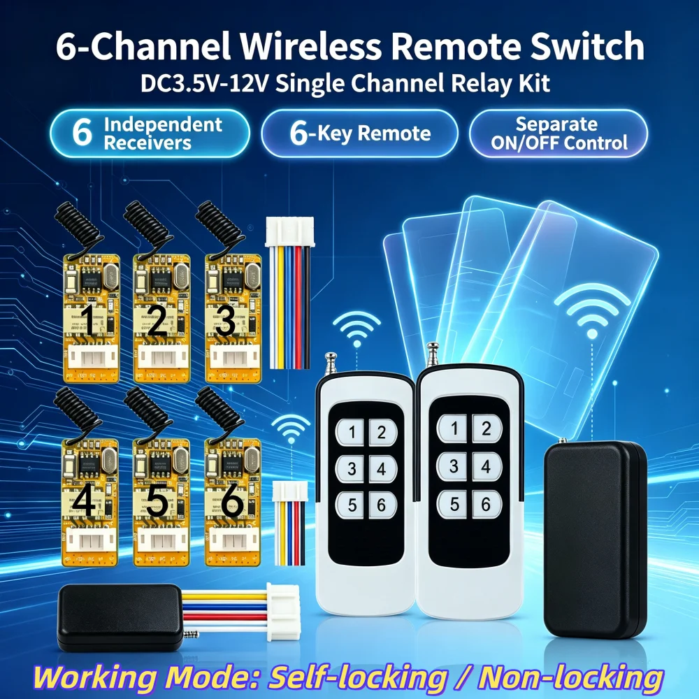8-Pack Wireless Remote Control Switches 1-Channel Receiver Module LED Light & Fan Control Kit DC3.5V 9V 12V for Home Automation
