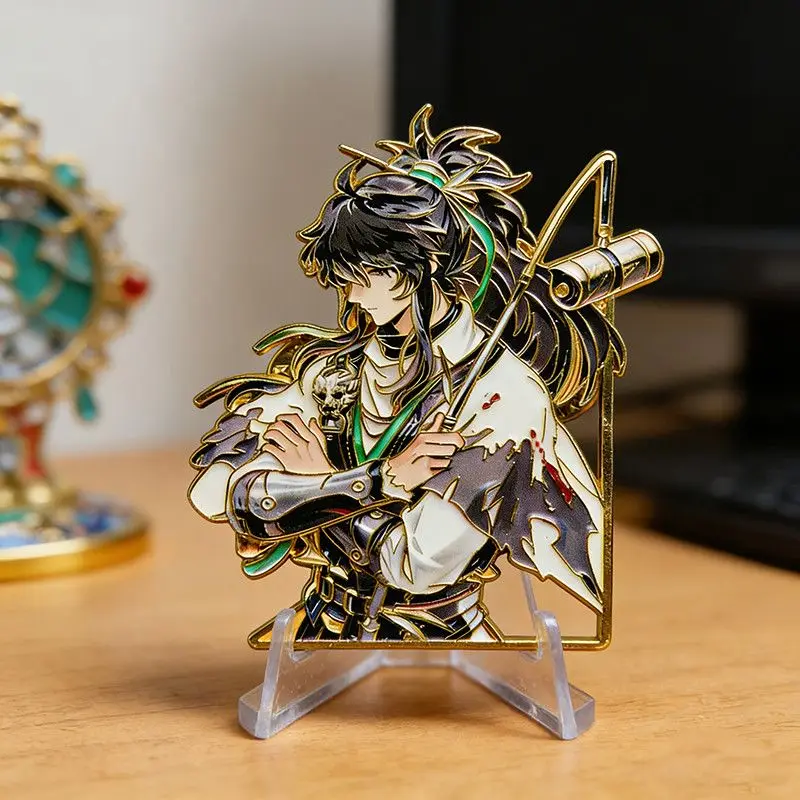 Golden Frame Ancient Chinese Warrior Enamel Pin Oriental Swordsman Scroll Metal Brooch Backpack Clothes Decor Gift - view 2