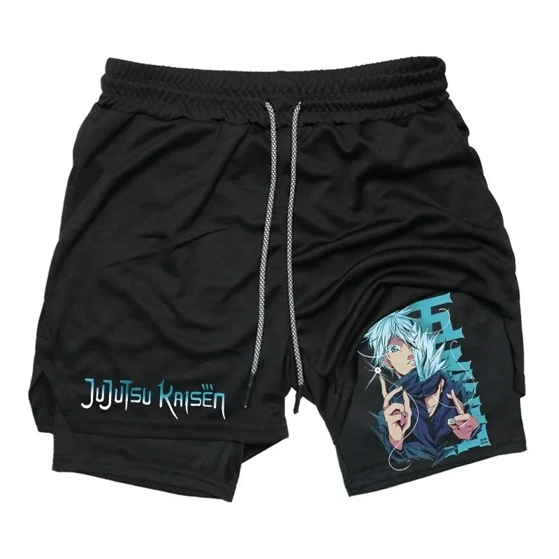 Quick Dry Athletic Shorts, Anime Jujutsu Kaisen Compression Shorts for Men, Pocket Performance, Gym, Workout, Fitness, 2 in 1