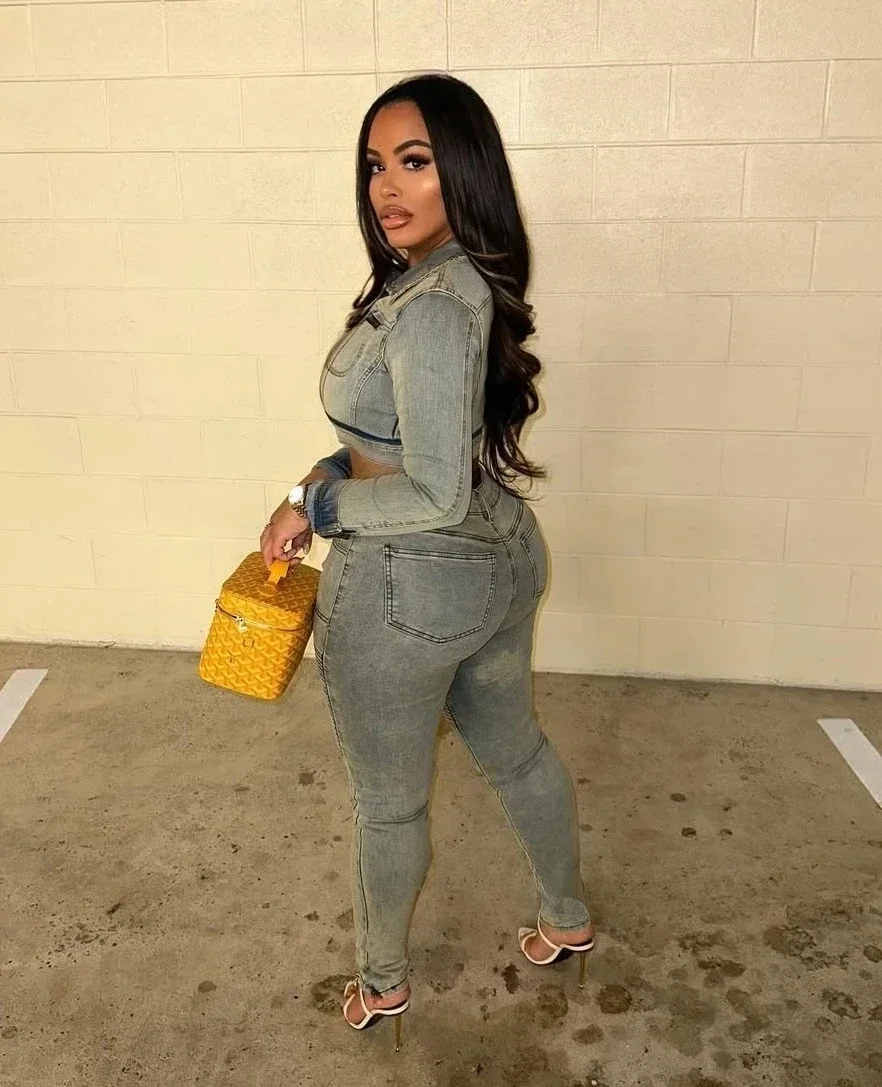 Washed Denim Patchwork Women's Set Full Sleeve Jacket and Pencil Jeans Pants Suit 2025 Street Two 2 Piece Set Outfit