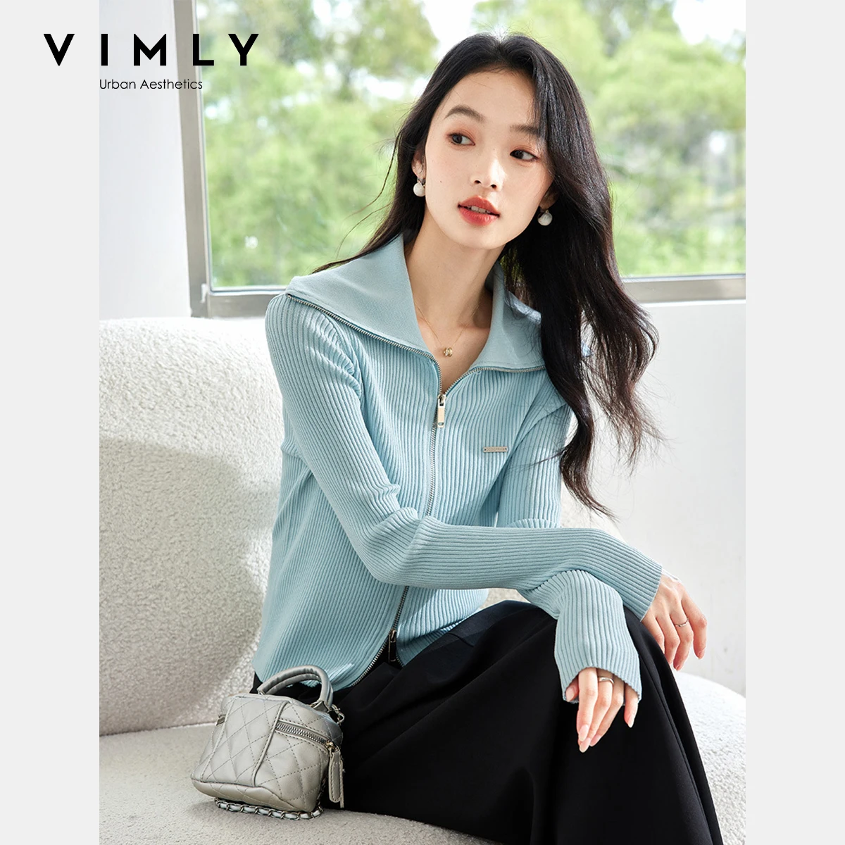 

VIMLY Women's Fashion Bussiness Casual Lapel Double Zip Knit Sweater 6 Colors Autumn Simple Slim Knitwear Jacket Cardigan Top