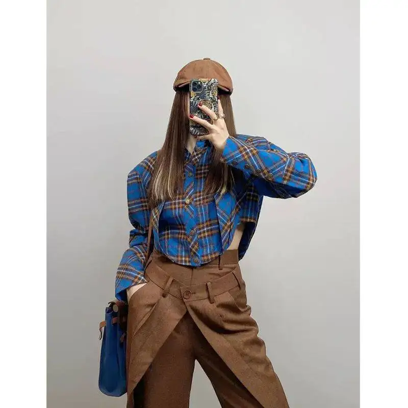 

Клетчатая рубашка, женская весенняя новая дизайнерская ниша, французская шикарная рубашка с длинными рукавами, универсальный топ в стиле ретро