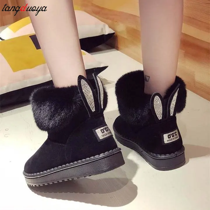 Women Boots Fox Fur Brand Winter Shoes Warm Snow Boots Black Round Toe Casual Female Slip-on Woolen Boot Sweet Flock flats