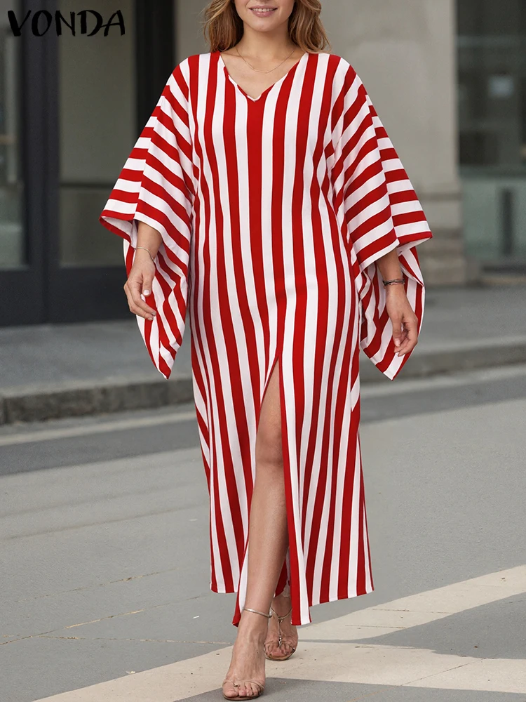 

VONDA 2025 Autumn Dresses Women Vintage Stripe Robe V-Neck Bat-wing Sleeve Split Party Sundress Casual Loose Vestidos Plus Size