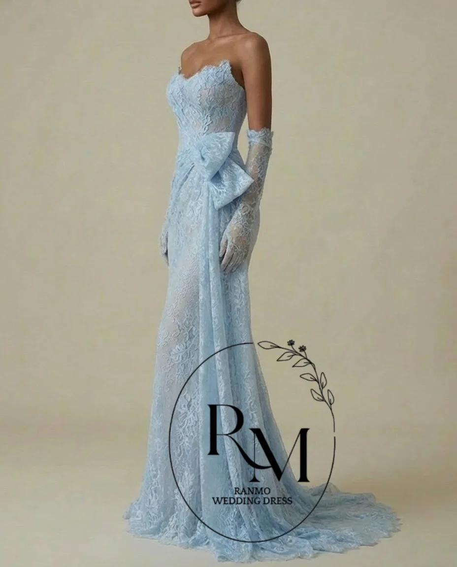 Ranmo Customized Baby Blue Mermaid Pleats 2026 New Strapless Prom Dresses Bow Lace Vestidos De Noche Floor-Length Formal Evening