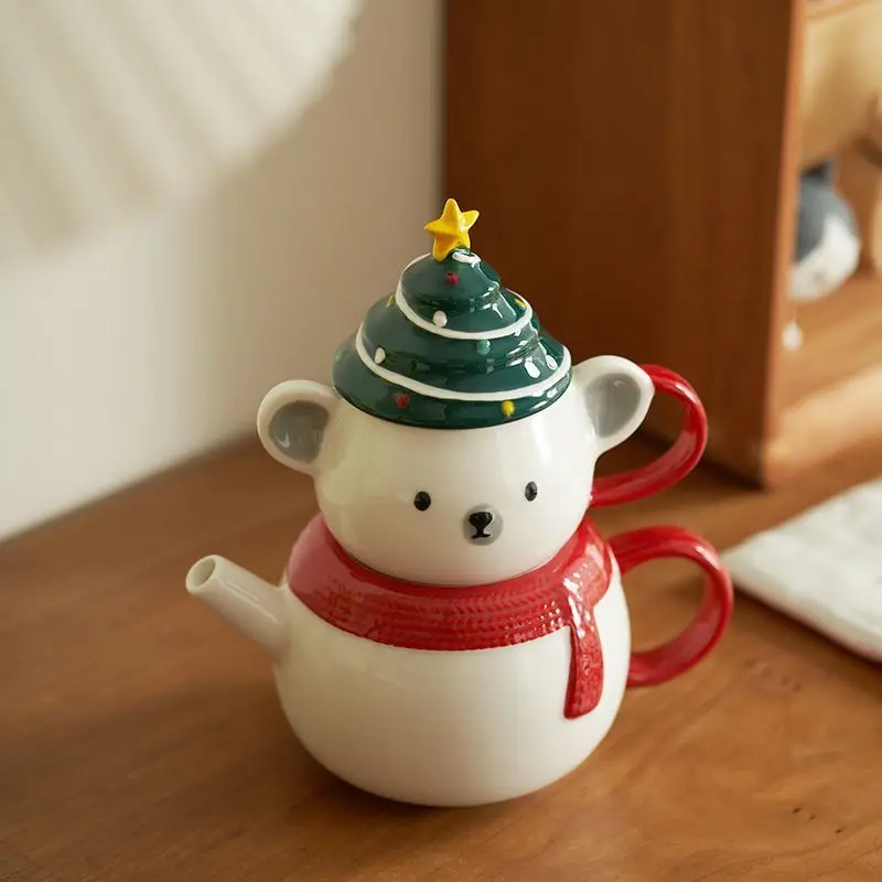 Creative Christmas Home Tea Kettle Set Cute Snowman Modelling Ceramic Teapot and Teacup with Lid High Temperature Resistant Mug