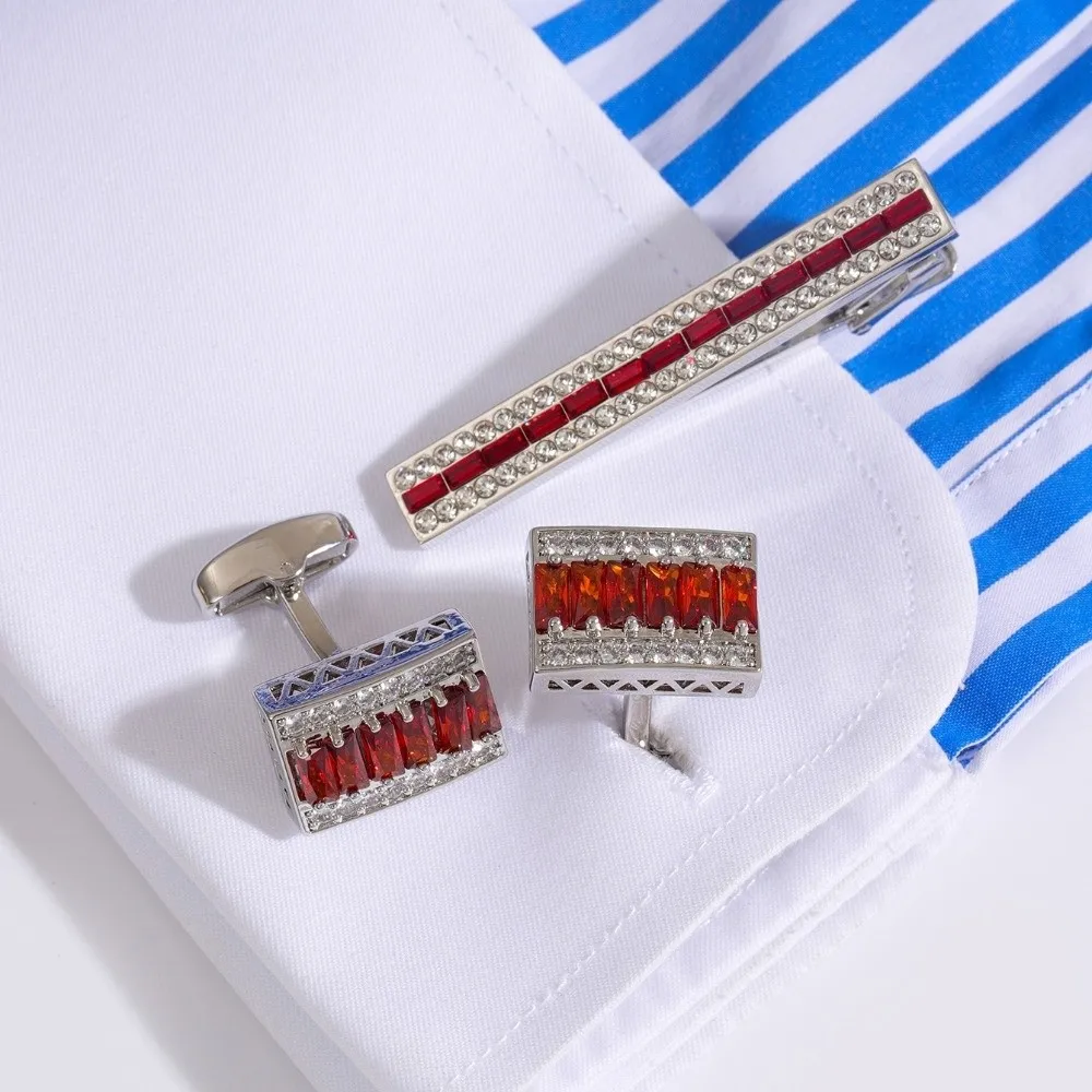 Fashion Shiny Strip Zircon Tie Clip Classic Alloy Cuff Links Vintage Colorful Sleeve Button Men's Suit Accessory