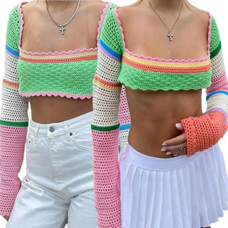 Women Hollow Out Crochet Knit Crop Top Contrast Color Patchwork Woven Square Neck T-Shirt Long Sleeve Sexy Cutout Beach Sweater