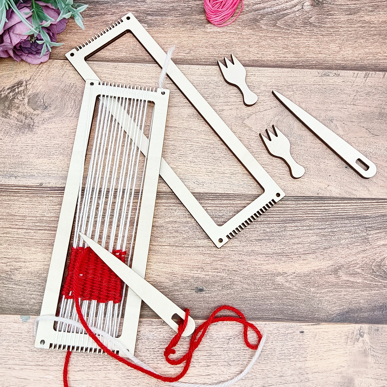 Weaving Loom Kit Weaving Frame Loom Wooden DIY with Wooden Stick, Comb, Crochet Needle for Adults Beginners Lovers view 5