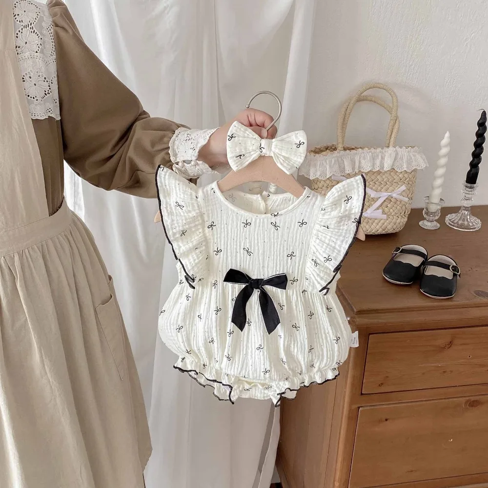 

Cute Baby Girl Rompers 0-2Years Newborn Infant Fly Sleeve Bowtie Pattern Cotton Bodysuit Playsuit Outfits Summer Sunsuit Clothes
