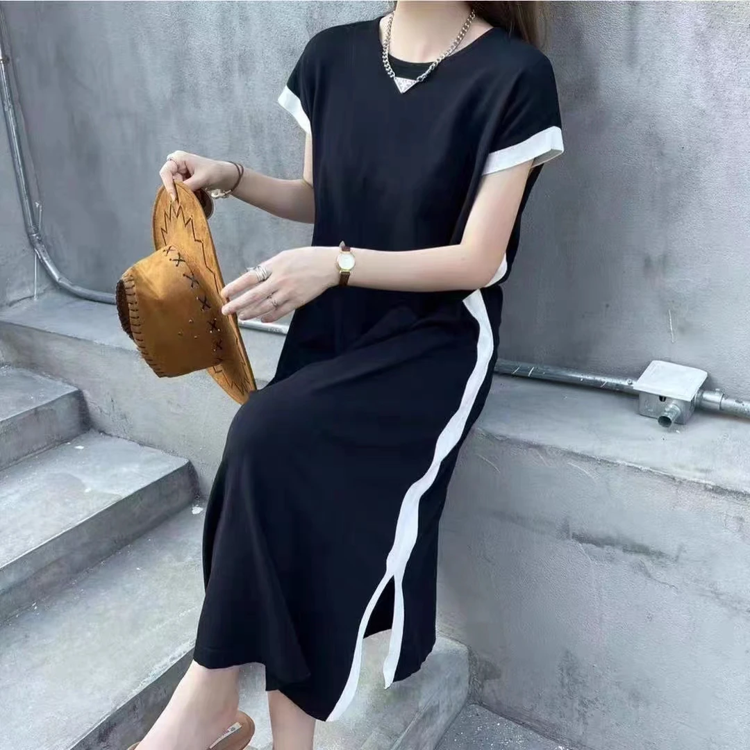 Oversized Korean Fashion Knit Dresses Women Summer Casual Loose O-neck Split Contrast Color T-shirt Dress Harajuku Clothing