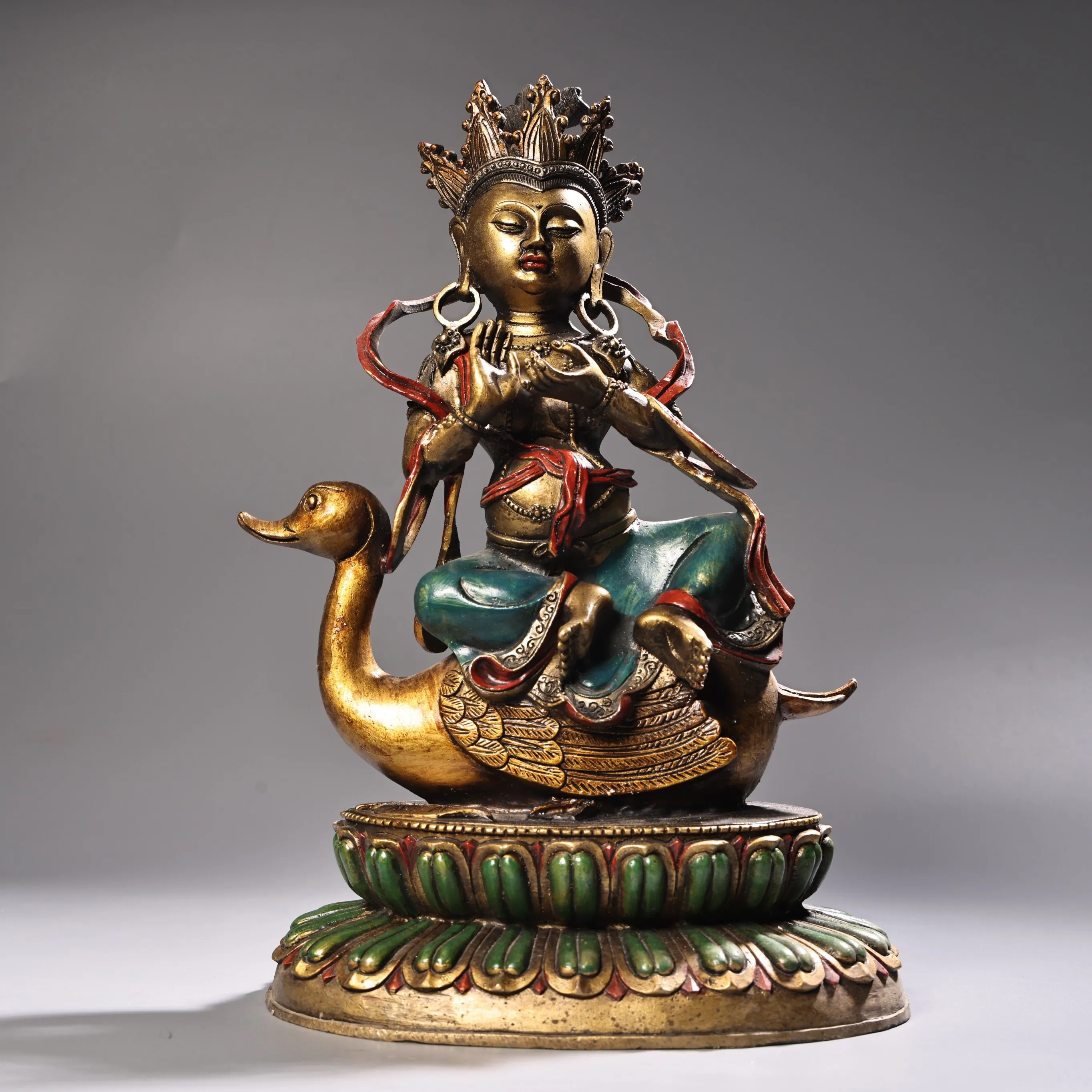 Old copper of Brahma Guanyin riding a goose, with polychrome painting and gold tracing Statue, Free shipping