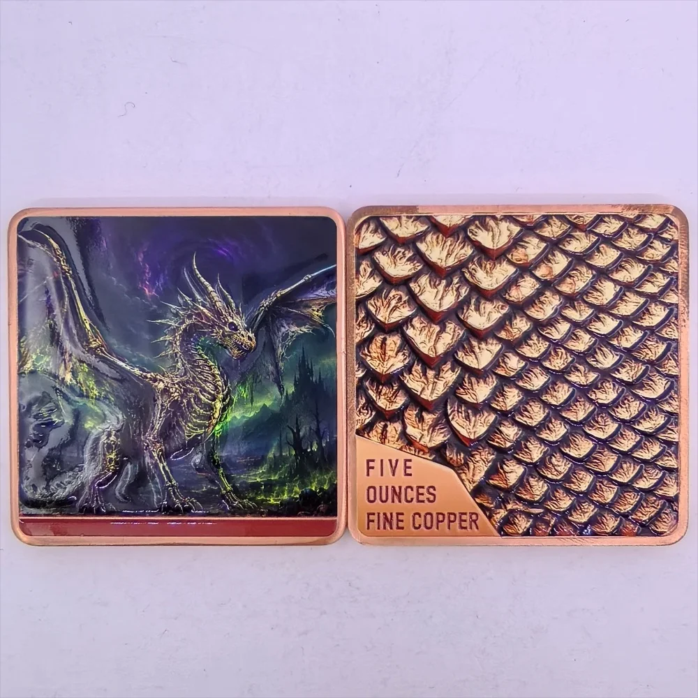 5oz .999 Fine Copper Square Forest Dragon Deadwood Thorns Toxic Mist Dark Castle Scale Armor Fantasy Colorized Art Desk Gift