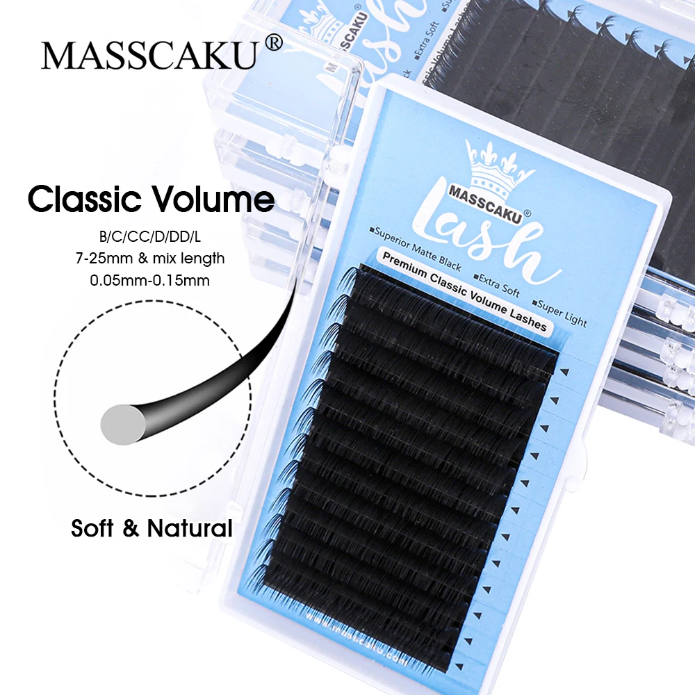 

MASSCAKU All Size Deep Black Faux Mink Eyelashes Extension Individual Wispy Premium Velvet Fiber Classic Volume Lashes in Stock