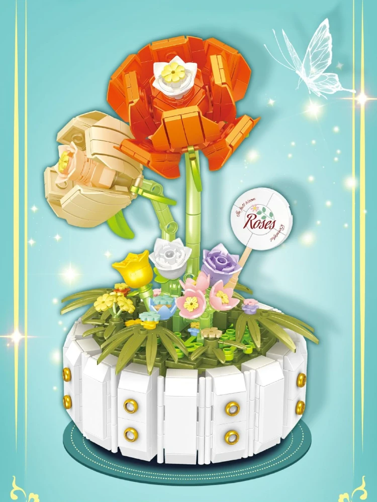MOC Kleine Ingemaakte Eeuwige Bloem Plant Rose Boeket Bouwstenen Set Huis Thuis Kamer Decor DIY Speelgoed Voor Kinderen Verjaardagscadeau