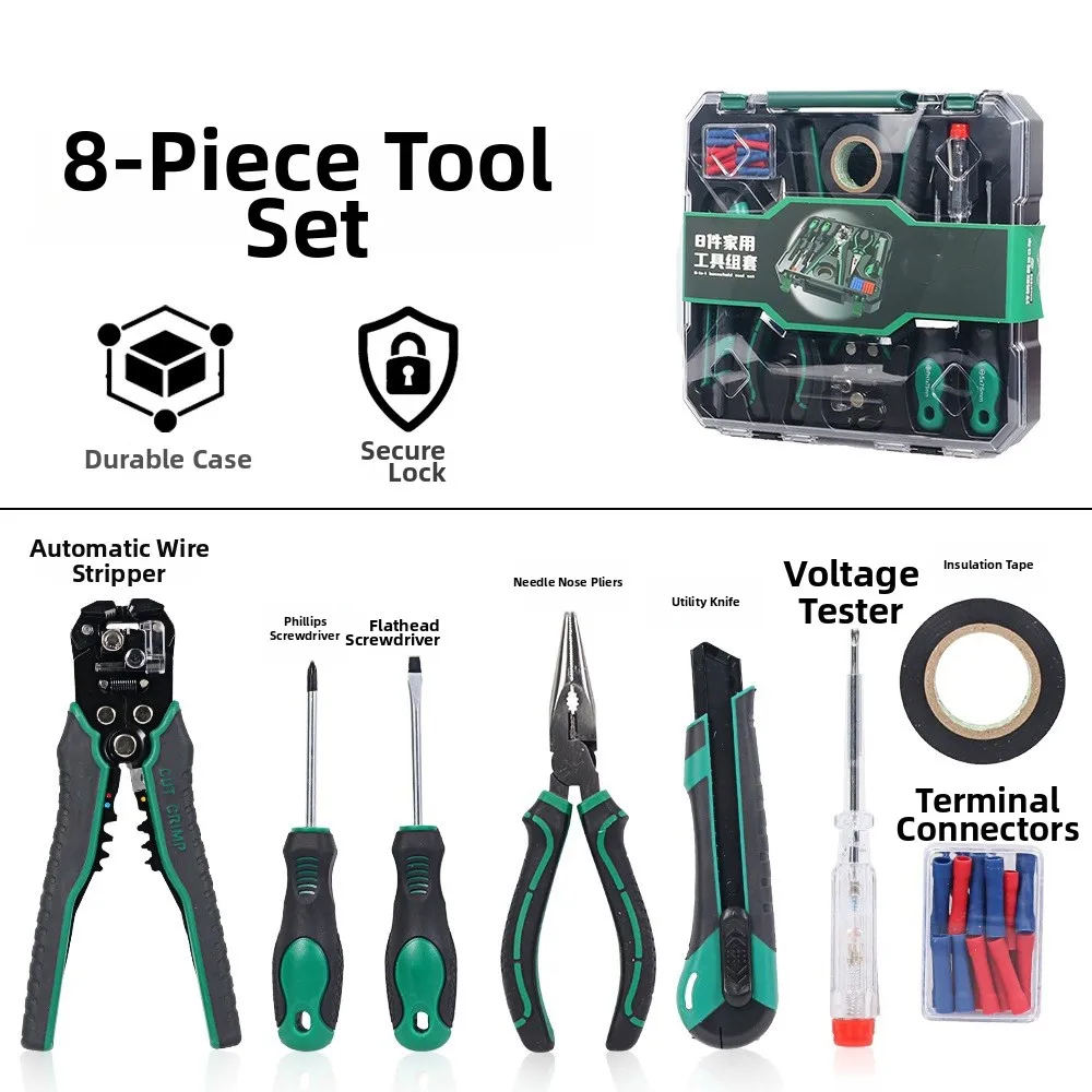 8-Piece Home Repair Tool Kit with Auto Wire Stripper Screwdrivers and Pliers for Electrical Connections and Small Fixes