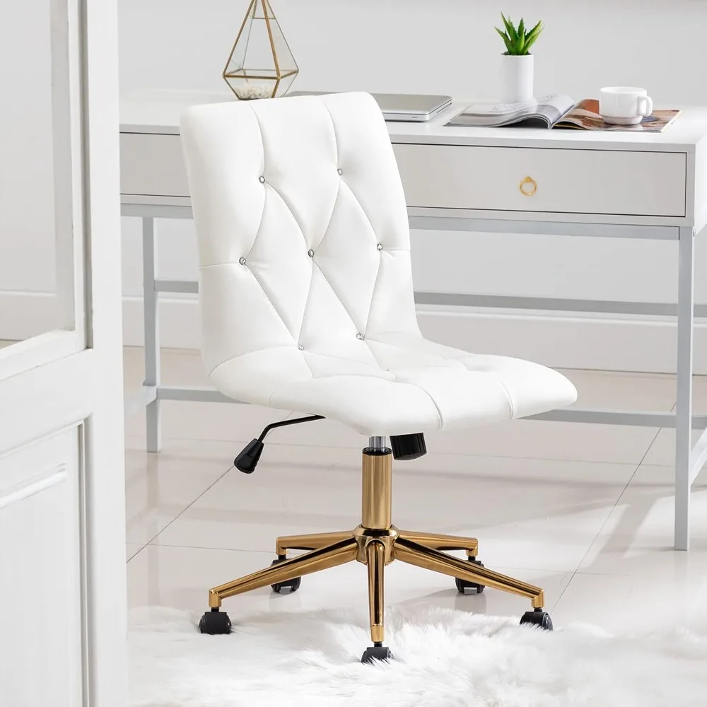 Contemporary White PU Leather Office Chair with Gold Base and Wheels