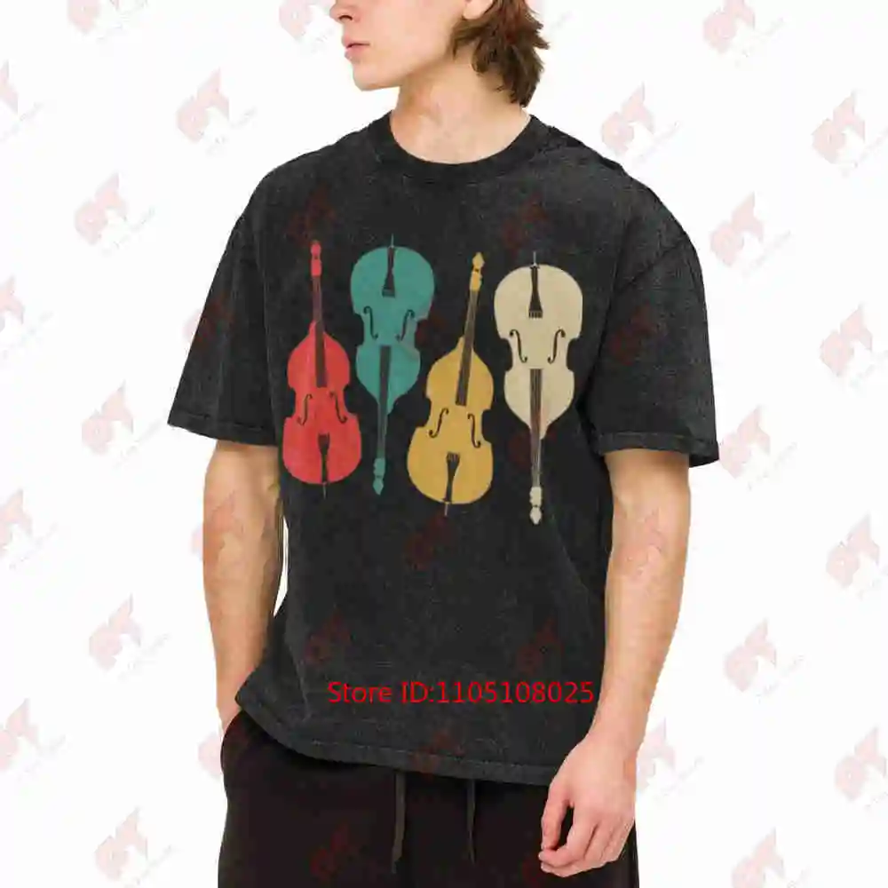 Retro Vintage Double Bass Contrabass Streetwear Red Green Yellow Stacked Design Vintage Washed Tee Pure Cotton T-Shirt