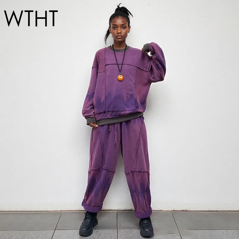 

WTHT Fashion Women Suits Tie Dye Long Sleeve O-neck Sweatshirt Bandage Elastic Waist Loose Pants Set Female 2025 Autumn 1LS2323