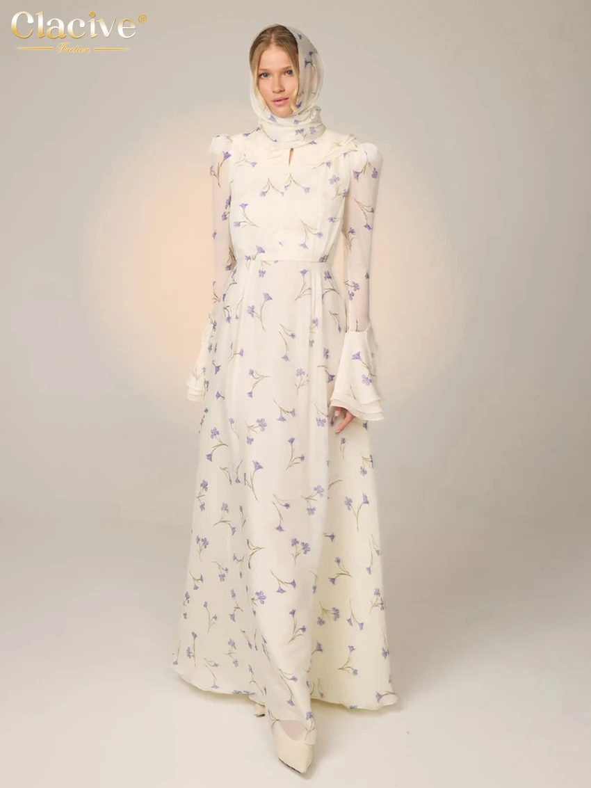 

Clacive Fashion Loose Print Women's Dress 2026 Spring O-Neck Long Sleeve Maxi Dresses Lady Elegant Classic High Waist Female Dre