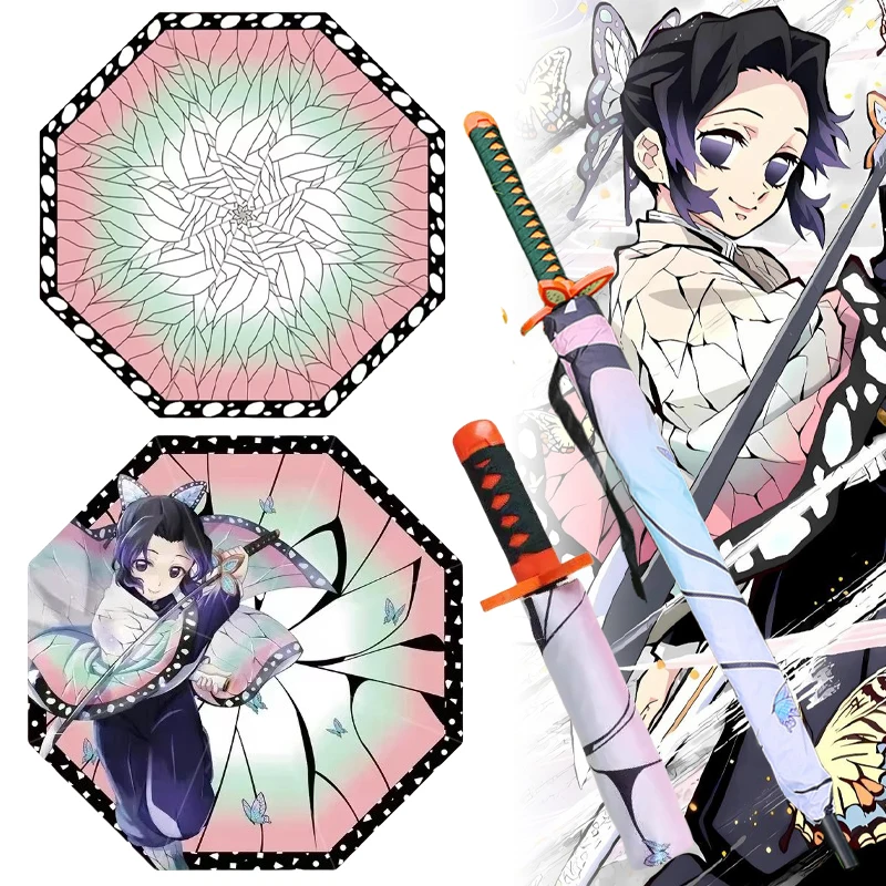 Paraguas Katana Demon Slayer con mango largo, bloqueador UV, parasol negro, Kochou Shinobu, paraguas con diseño de espada Katana japonesa, impermeable de anime.