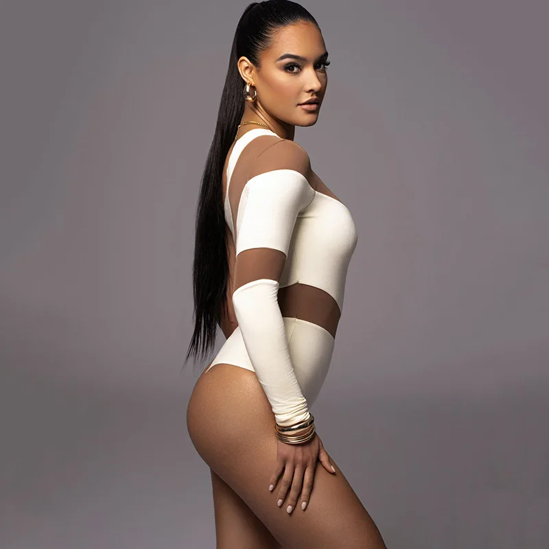 ชุดกระชับสัดส่วนแขนยาวยืดหยุ่นสูงสำหรับผู้หญิง แฟชั่นขายดี เซ็กซี่ สาวฮอต ตัดต่อผ้าซีทรูรัดรูป บอดี้สูท ฤดูใบไม้ร่วง