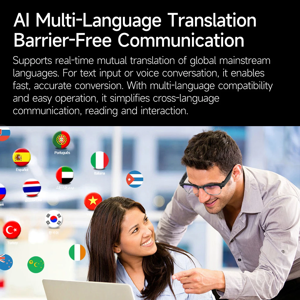 نظارات ذكية AI مع تسجيل فيديو 8 ميجابكسل 100+ لغة نظارات ترجمة للرجل بلوتوث دعوة الموسيقى تشغيل الرجال النساء 2025