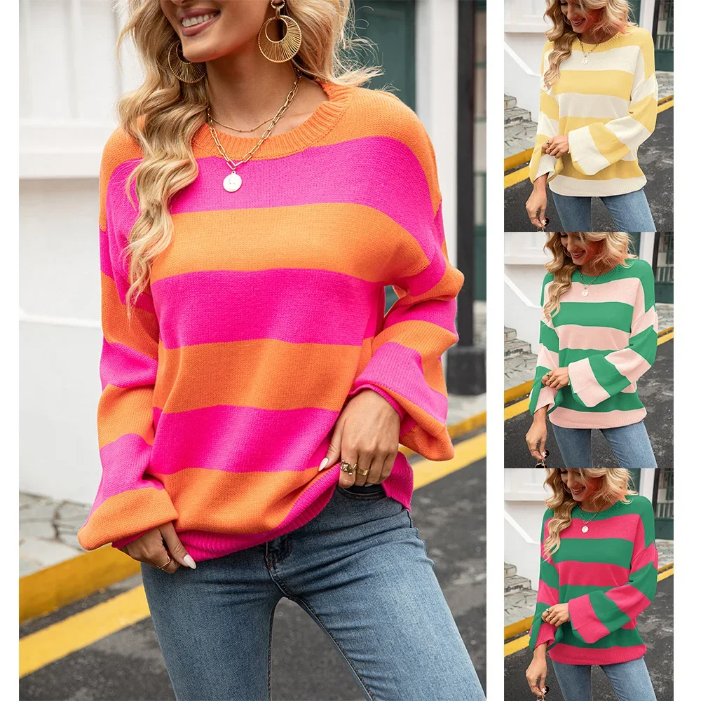 

O Neck Long Sleeve Pullovers Knitted Striped Jumpers Women Loose Fit Sweater Autumn 2024 Slight Strech High Street Sweater