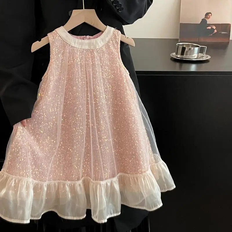 Elegant Fashion Harajuku Slim Fit Children Clothes Loose Casual All Match Princess Skirt Solid Sequins O Neck Sleeveless Dresses