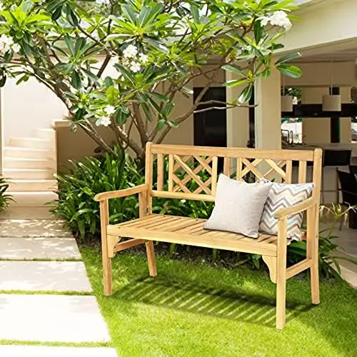 Folding Patio Garden Bench, 4Ft Outdoor Bench with Slatted Seat & Comfort Armrest, 2-Person Acacia Wood Patio Bench