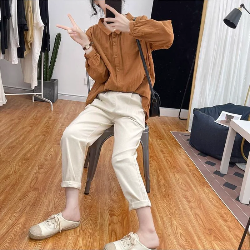 Chemise Vintage à Manches sulfet Col Polo pour Femme, Vêtement de Bureau, lèvent et Poches, Printemps et Automne, 2023