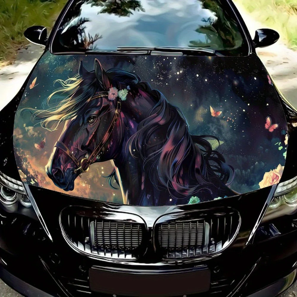 Mystical Black Horse in Galactic Setting Car Hood Vinyl Wraps Decal, Auto Exterior Protective Sticker, Waterproof Self-adhesive