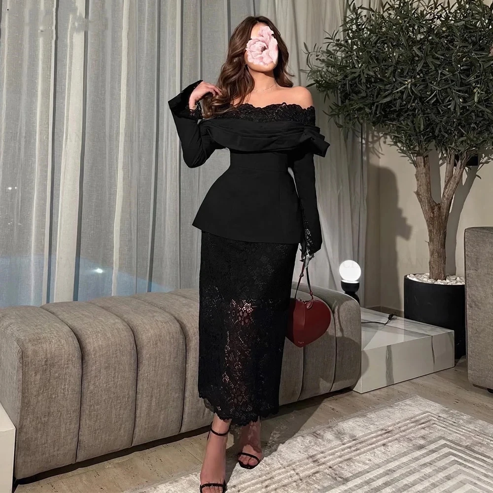 Black Lace Long Sleeves Party Gowns Boat Neck Off Shoulder Sheath Ankle-Length Porm Dresses 2024 Evening Dresses For Women