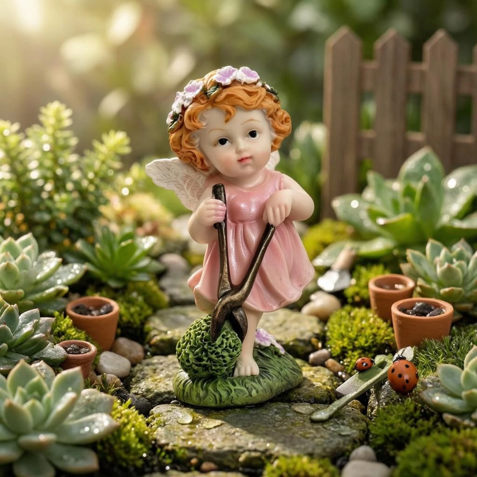 Garden Cherub Figurine Grass-Textured Base Resin Cherub Figurine Outdoor Decor Decorative Collectible for Miniature Landscape