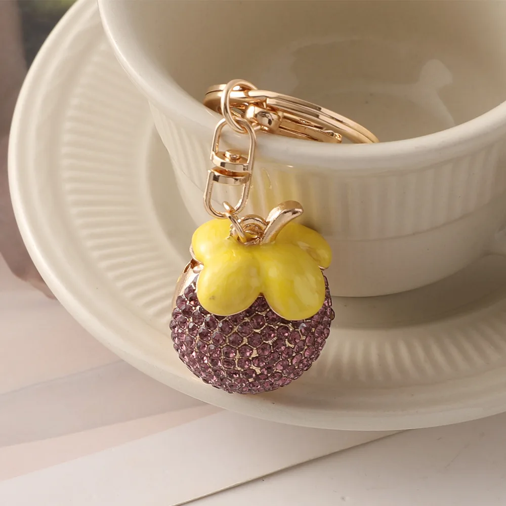 New Diamond-encrusted Mangosteen Car Keychain Metal Cute Fruit Bag Pendant Key Chain Rhinestone Pendant Gift Diy Bag Accessories