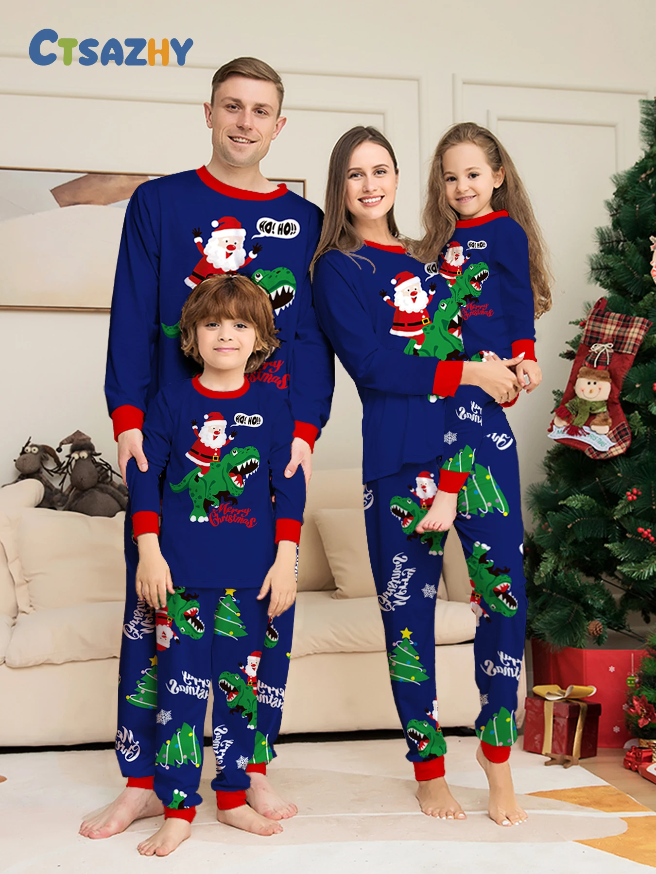 

Family Matching Xmas Sleepwear - Navy Santa - Dinosaur - Printed Tops & Printed Bottoms