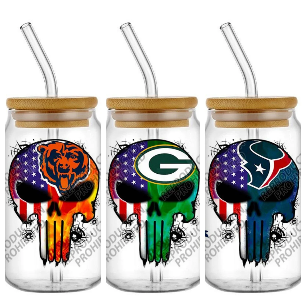 

High Quality ‌3D Skull Sports Team Decal UV DTF Cup Wrap for 16oz Libbey Glasses Can DIY Mug Transfer Stickers