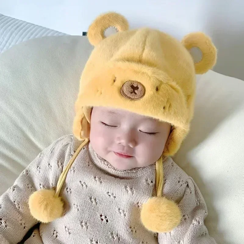 Cute Winter Warm Kids Girl Boys Baby Hats Fleece Wool Hemming Caps with Ball Solid Wool Ear Protection Hats Soft Newborn Bonnet