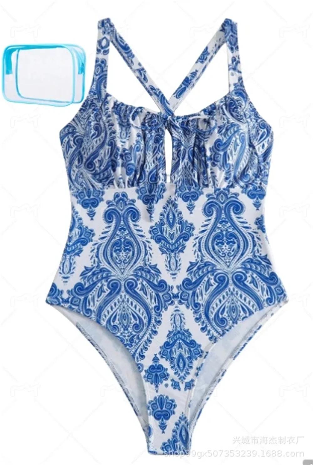 Maiô de porcelana azul e branca, biquíni oco sexy, design traseiro cruz, férias de praia, 1 pc, novo, 2024