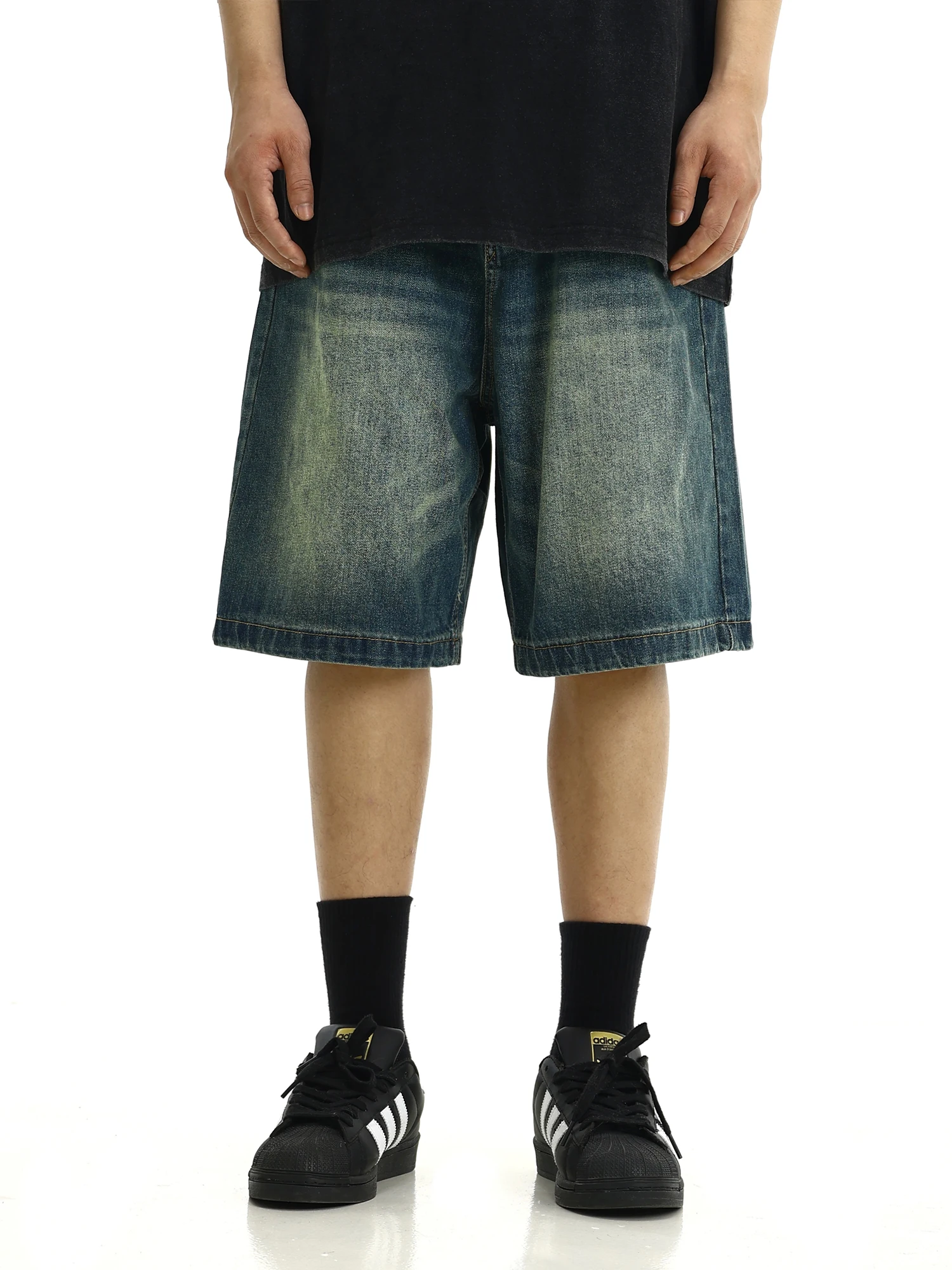 Retro American Denim Shorts Unisex Streetwear Loose Straight Casual Washed Five-Point Pants Mid-Waist High-Waist Jeans
