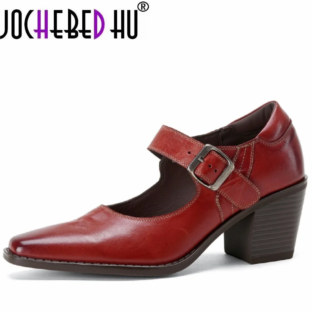 JOCHEBED HUWomen Handmade Washed Genuine Leather Soft and comfortable Pointed Toe Buckle Strap Block Heel Elegant 34-40