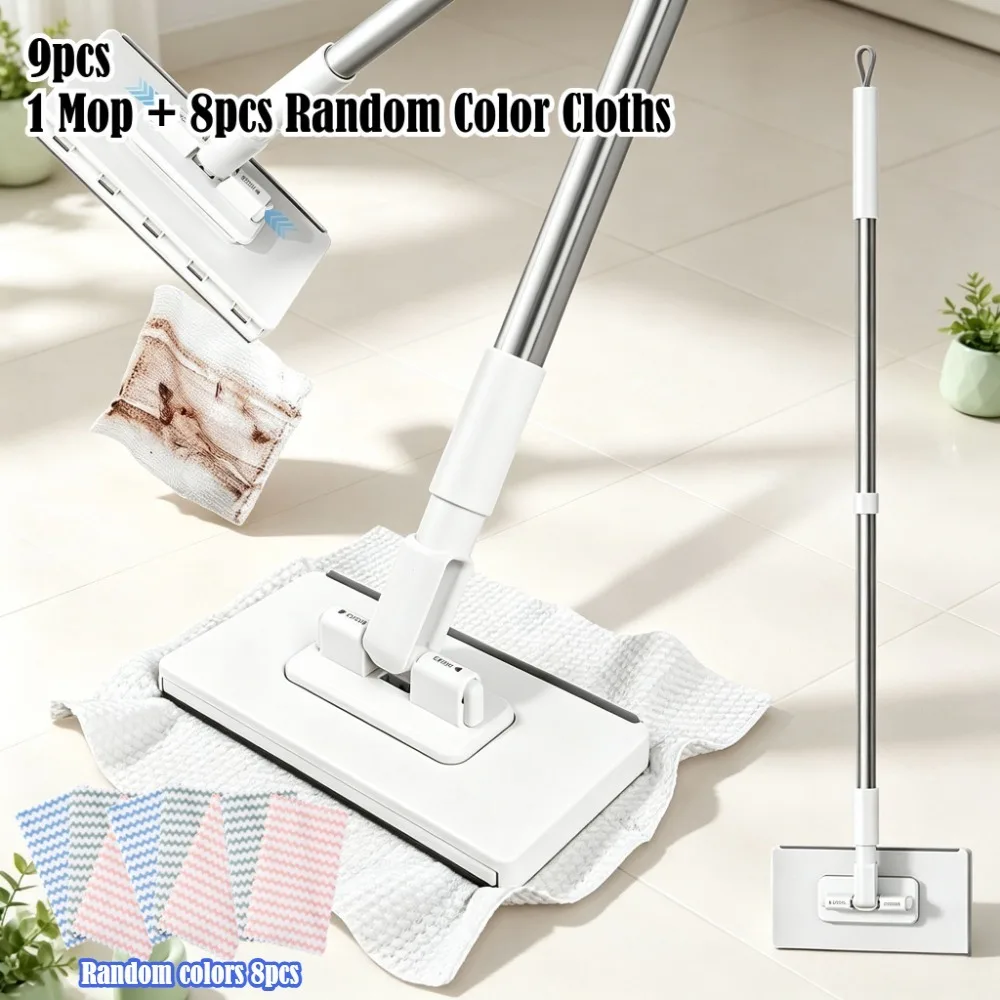 9pcs, 1 Mop + 8 Random Color Cloth, Hands-free Automatic Self-clip Disposable Face Towel Flat Mop, Automatic Grip Cleaning Mop