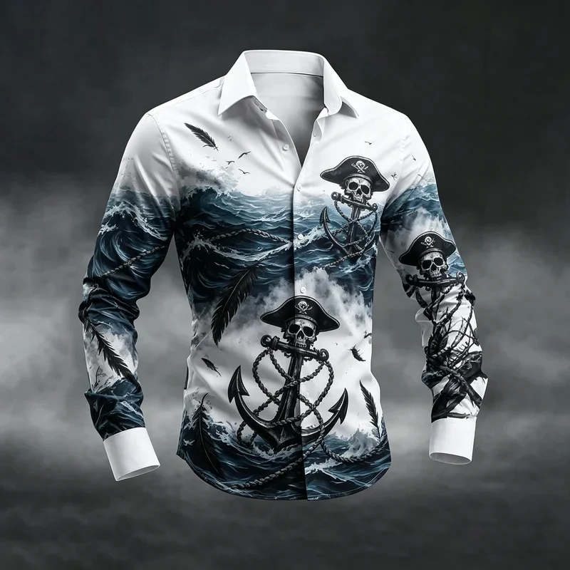 Men's Pirate Skull Anchor Ocean Wave Nautical Print Long Sleeve Shirt Lapel Button Down For Party Street Daily Occasion