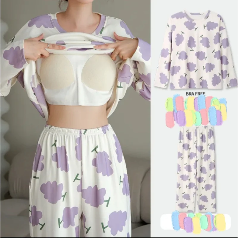 2PCS/Set Women Big Size with Chest Pads Pajamas Spring Autumn and Winter Long-Sleeved Headset Loose Homewear Can Be Worn Outside