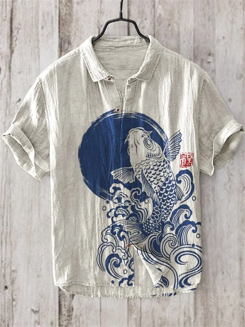 

New men's summer Henry short-sleeved T-shirt Retro fashion casual T-shirt Cross-border men's button-down lapel Japanese art prin