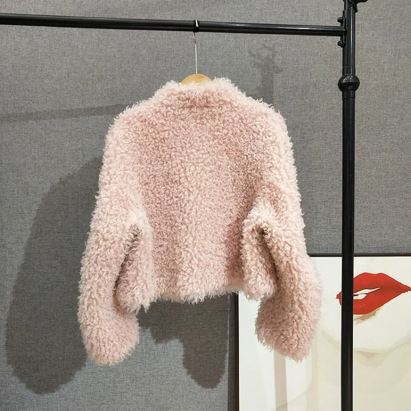 Women's Short Stand Collar Real Wool Fur Jacket Lady Girl Sheep Shearling Warm Winter Coat JT534